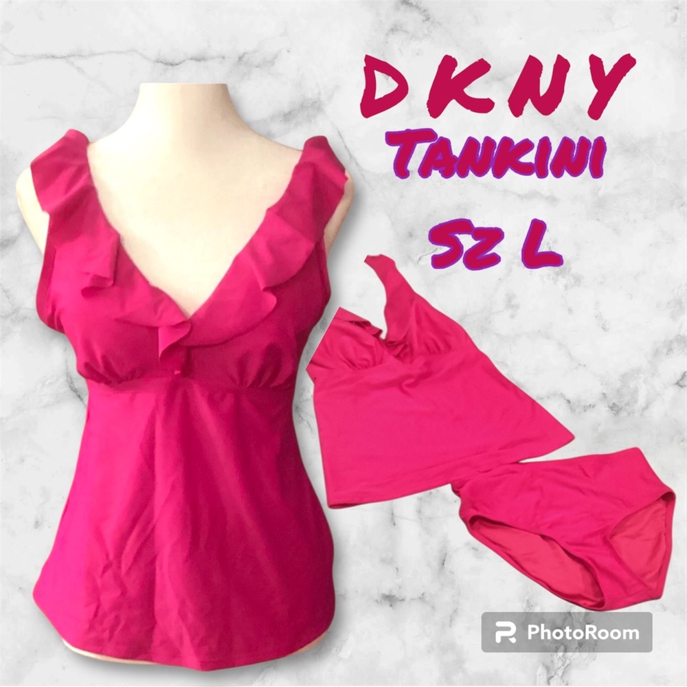 DKNY Women's 2 Piece Ruffled Tankini Swimsuit Bikini Swim Fiesta Pink Size L $85